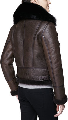 Burberry Cropped Fur-Trim Aviator Biker Jacket, Chocolate