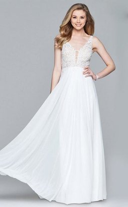 Faviana 8000 Long mesh v-neck dress with lace applique