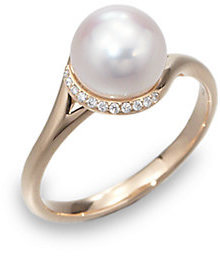 Mikimoto 8MM White Cultured Akoya Pearl, Diamond & 18K Rose Gold Ring