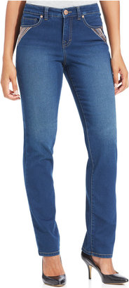 Style&Co. Petite Tummy-Control Straight-Leg Embellished Jeans, Marseilles Wash