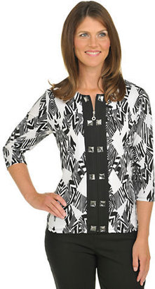 Allison Daley Petite Jacket Three Quarter Sleeve Zip Front Jacket with Trim and Bead --