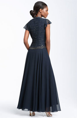 J Kara Women's Beaded Chiffon Gown, Size 6 - Blue