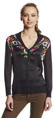 Magaschoni Women's Floral Cardigan with Mesh Back and Sleeve