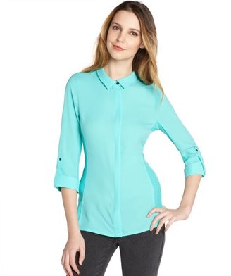 Tahari aqua stretch zipper down 'Val' flip three quarter sleeve blouse