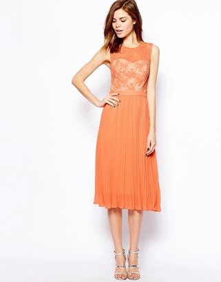 Warehouse Mesh Lace Bodice Pleat Skirt Dress