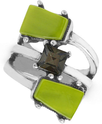 Kenneth Cole New York Silver-Tone Lime Shell Bead and Black Crystal Faux-Stacked Ring