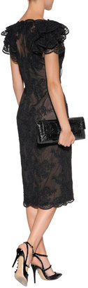 Marchesa Lace Cocktail Dress with Ruffle Sleeves in Black