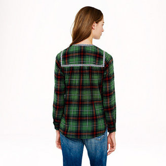 J.Crew Petite embroidered peasant top in green plaid