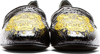 Kenzo Black Patent Snakeskin-Print Icon Tiger Loafers
