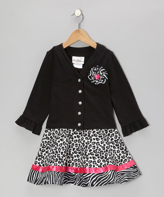 Rare Editions Black & Fuchsia Leopard Cardigan & Dress - Toddler & Girls