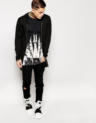 Religion Longline T-Shirt with Feather Print and Zips