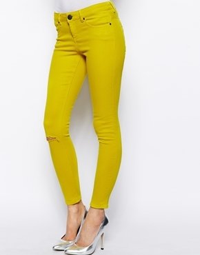 ASOS Whitby Low Rise Skinny Ankle Grazer Jeans in Chartreuse with Ripped Knee