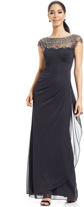 Xscape Evenings Cap-Sleeve Illusion Beaded Gown