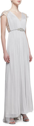 Catherine Deane Jewel-Belted Silk Lace-Sleeve Gown