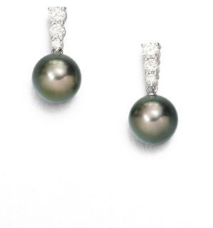 Mikimoto 9MM Black Cultured South Sea Pearl, Diamond & 18K White Gold Drop Earrings