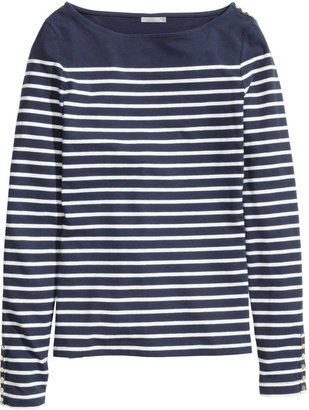 H&M Boat-neck Top - Dark blue/striped - Ladies