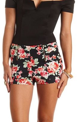 Charlotte Russe Double Zipper Floral Print High-Waisted Shorts