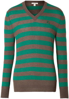 Burberry Cashmere Helston Striped V-Neck Pullover in Olive Brown