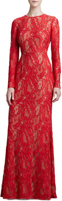 Carmen Marc Valvo Long-Sleeve Lace Gown