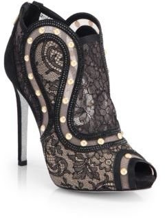 Rene Caovilla Lace & Faux Pearl Suede Booties