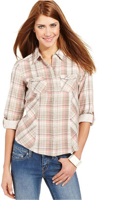 Style&Co. Petite Three-Quarter-Sleeve Plaid Shirt