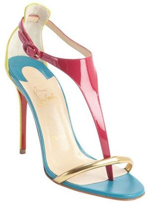 Christian Louboutin fuchsia patent leather and lime suede t-strap pumps