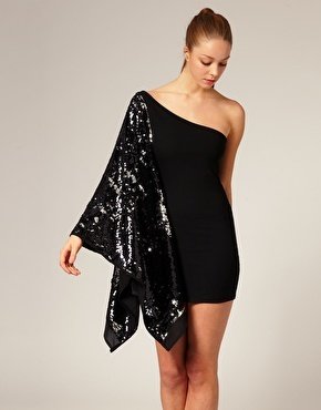 Aqua Warhol One Shoulder Dress With Sequin Batwing Sleeve
