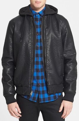 Obey Faux Leather Hooded Bomber Jacket