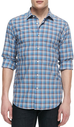 Neiman Marcus Plaid Poplin Button-Down Shirt, Blue