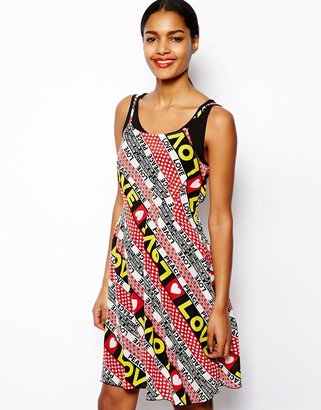 Love Moschino Cami Dress in Peace and Love Print with Jersey Underlayer