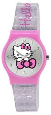 Hello Kitty Kids' silver glitter clear PU strap with pink analogue dial