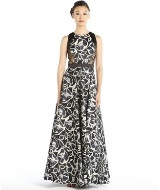 Carmen Marc Valvo ivory, black and blue printed silk gazar and lace ball gown