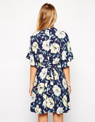 A Question Of ASOS Skater Dress with Kimono Wrap in Large Floral Print