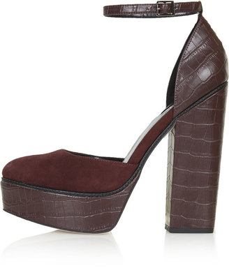 Topshop Burgundy suede leather and snake platform shoes. heel height approximately 5.5". 100% leather. specialist clean only.
