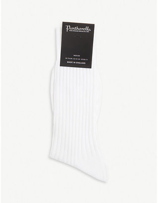 Pantherella Mens Sky Blue Striped Ribbed Cotton Blend Socks, Size: M