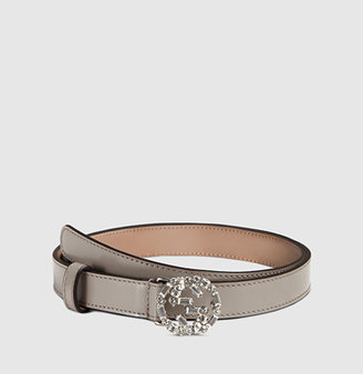 Gucci Thin Leather Belt With Crystal Interlocking G Buckle