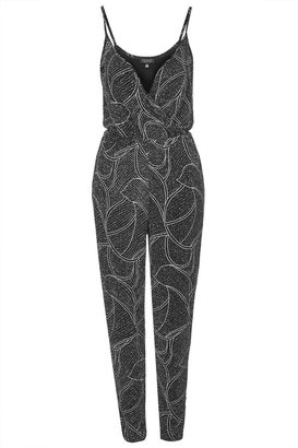 Topshop Petite jersey wrap front jumpsuit with all-over glitter print and elasticated waist. 92% nylon, 5% elastane, 3% metal fibres. machine washable.