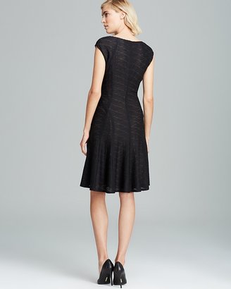 Anne Klein V Neck Textured Knit Fit and Flare Dress - Cap Sleeve
