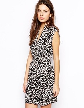 French Connection Tie Waist Dress in Powder Animal Print