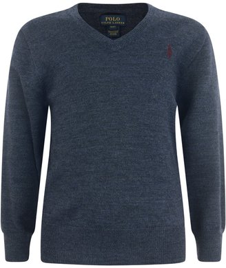 Ralph Lauren Boys Blue Merino Wool Sweater With Suede Elbow Patches