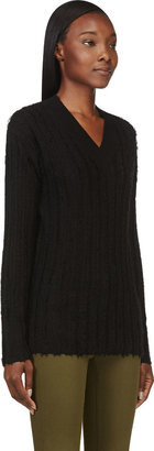 Alexander Wang T by Black Merino Frayed Stripe V-Neck Sweater