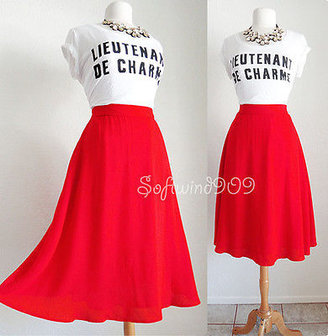 Forever 21 NEW Red RETRO Chic High Waisted Full Flared Skater Midi Length Skirt