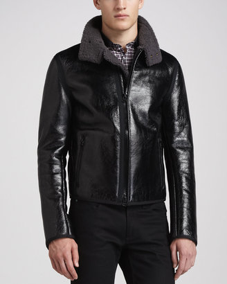Lanvin Crinkled Leather Jacket with Wool-Blend Back