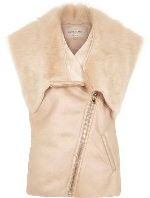River Island Pink sleeveless leather-look faux fur gilet