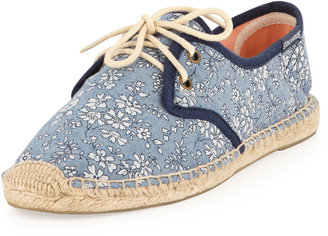 Soludos Lace-Up Floral-Print Flat Derby, Blue