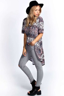 boohoo Paige Tapestry Print Dip Back Tunic