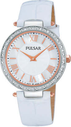 Pulsar Night Out Womens Crystal-Accent White Leather Strap Watch PM2127