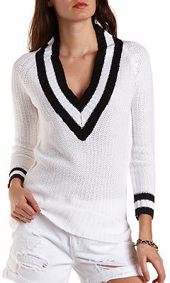 Charlotte Russe Ribbed V-Neck Varsity Sweater
