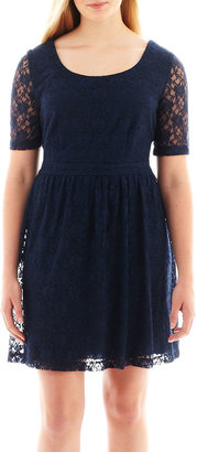 City Triangles Elbow-Sleeve Lace Skater Dress - Plus