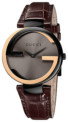 Gucci YA133304 Men's Interlocking G 18ct Gold Alligator Strap Watch, Black / Gold